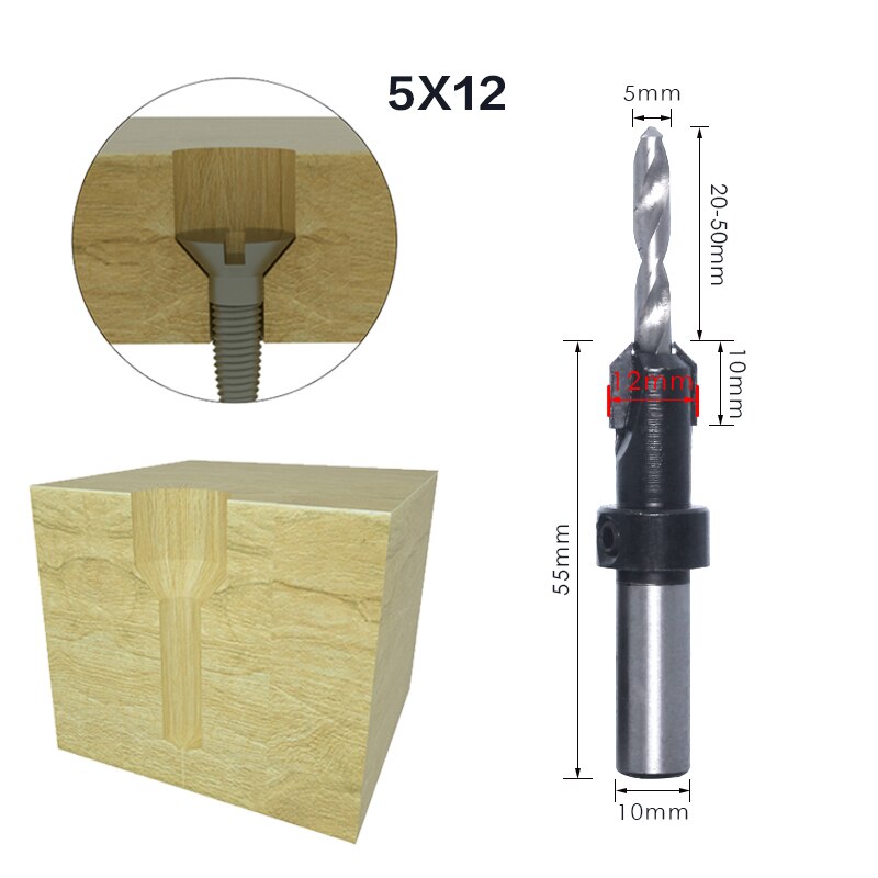 1Pcs 8Mm 10Mm Shank Hss Houtbewerking Countersink Router Bit Set Tapeinduithalerset Remon Sloop Voor Hout Frezen cutter: 10mmShank 5mmX12mm