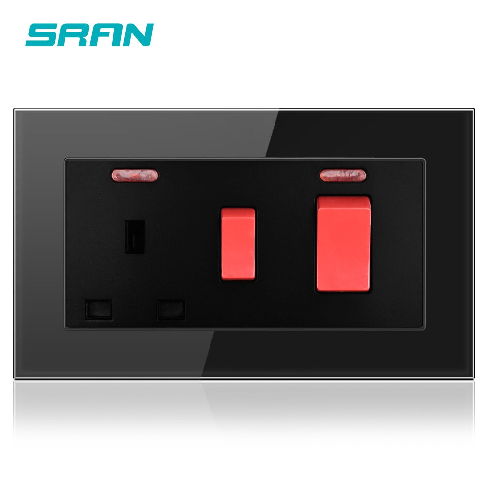SRAN 45A DP Wall Cooker Switch + 13A BS UK Standard Switched Socket With Neon 3x6 Size Crystal Tempered Glass Panel: Black A6