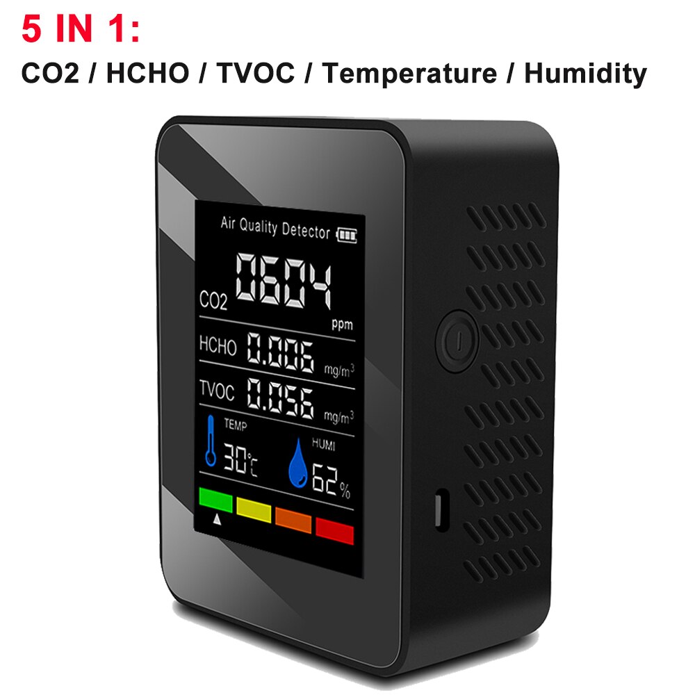Multifunctionele 6 In 1 CO2 Meter Digitale Temperatuur Vochtigheid Tester Co2 Sensor Tvoc Hcho CO2 PM2.5 Detector Luchtkwaliteit Monitor: 5 in 1 Black