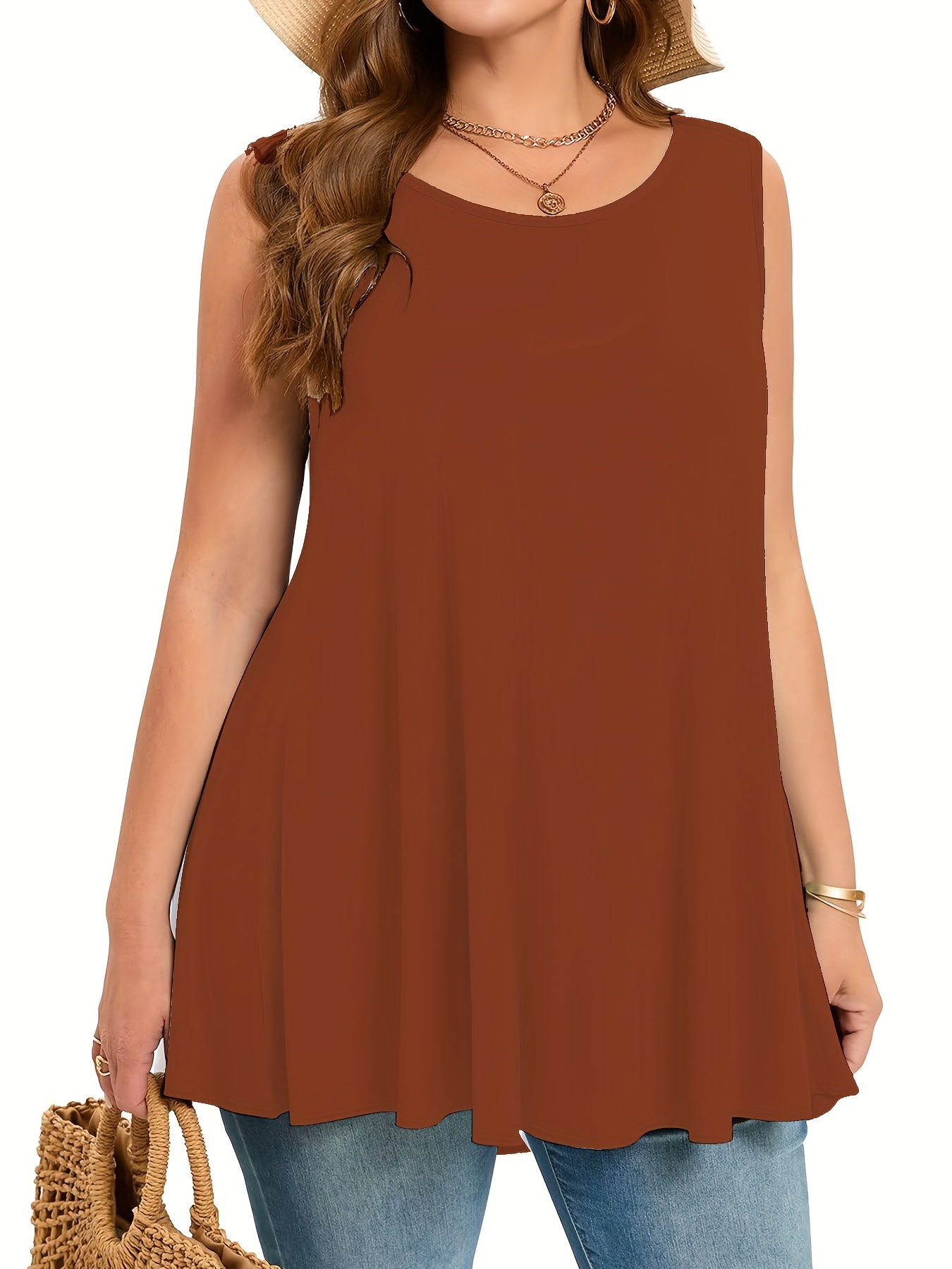 Plus Size Simple Solid Tank Top Casual Crew Neck Sleeveless Tank Top For Summer Women's Plus Size Clothing: 0XL / Indigo