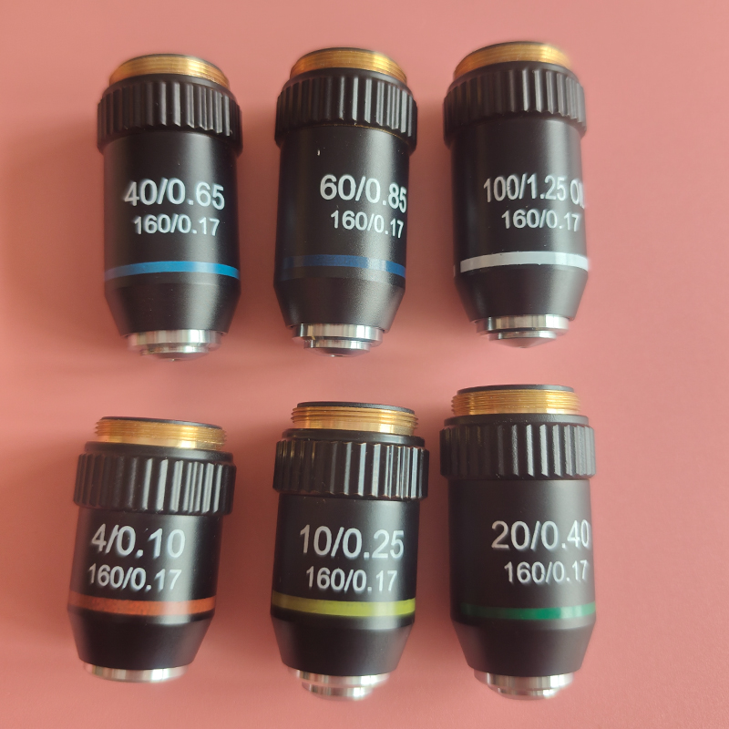 195 Objetivo acromático negro 4X 10X 20X 40X 60X 100X para lente objetivo de microscopio biológico RMS 20,2mm piezas de objetivo