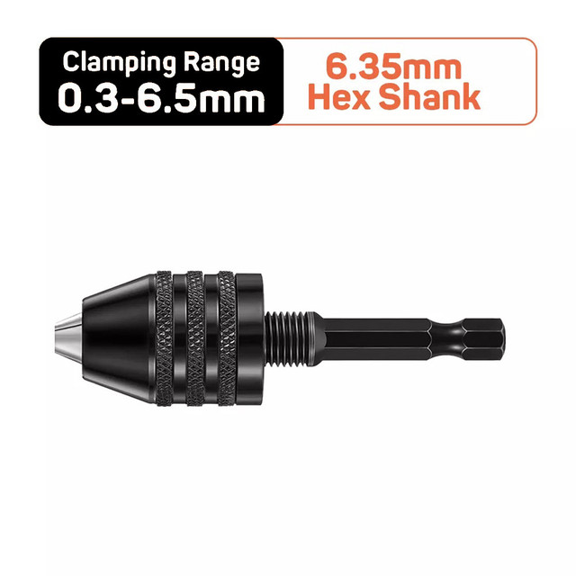 Mandrin de perceuse sans clé 0.3 – 6.5, Mini perceuse électrique auto-serrant, adaptateur de mandrin, fixation à pince, tige hexagonale de 1/4 pouces, convertisseur à changement rapide: 0.3-6.5 6.35mm Black