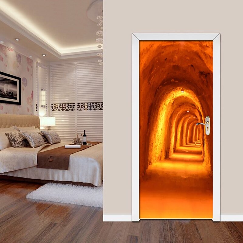 HD Cave Tunnel PVC Photo Wallpaper Self-adhesive Door Stickers Waterproof Poster Bedroom Door Home Decor Murals 3D Wall Stickers