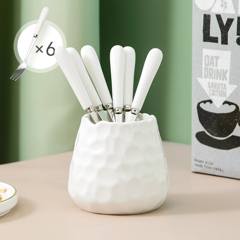 Fourchettes à fruits créatives en acier inoxydable, 7 pièces, service de couverts, fourchettes avec support en céramique pour pique-nique à la maison: White with 6 forks