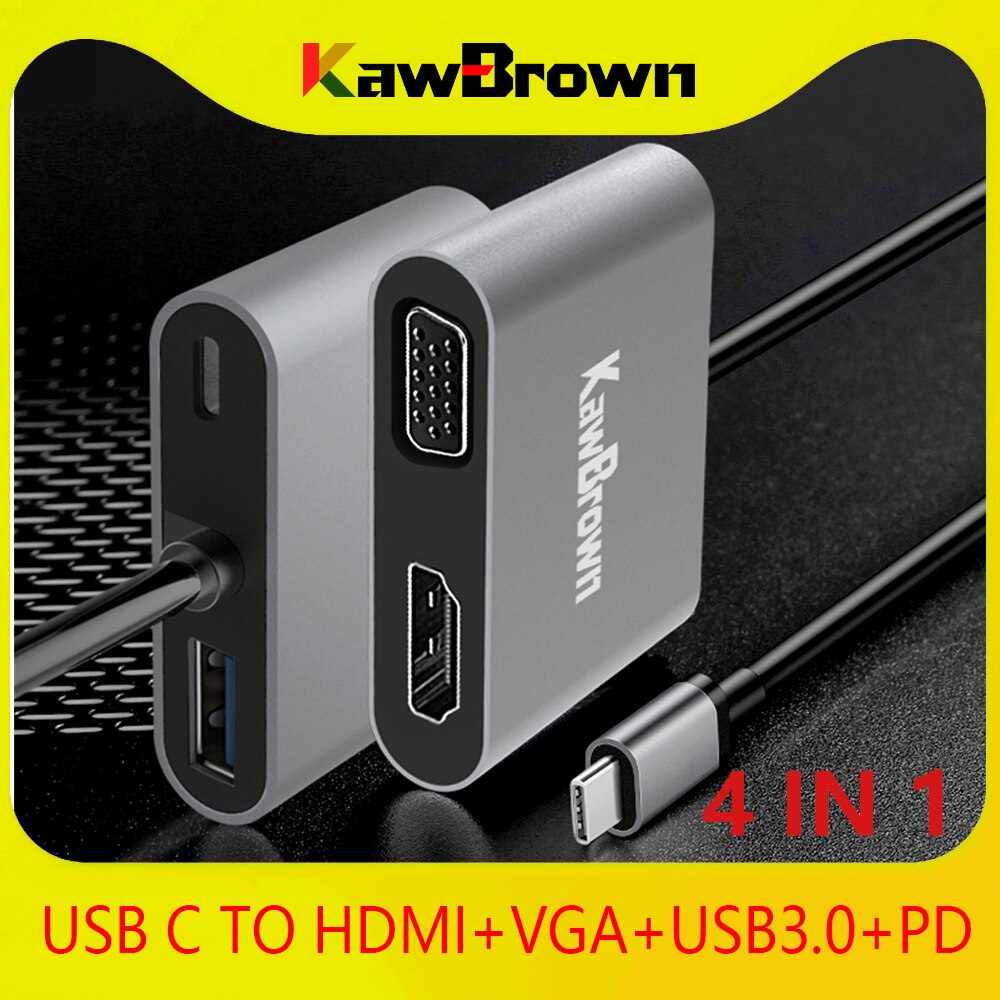 Kawbrown 4 em 1 multi usb c docking station adaptador expandir para usb 3.0/saída hdmi/vga/pd carga para portátil macbook xiaomi huawei