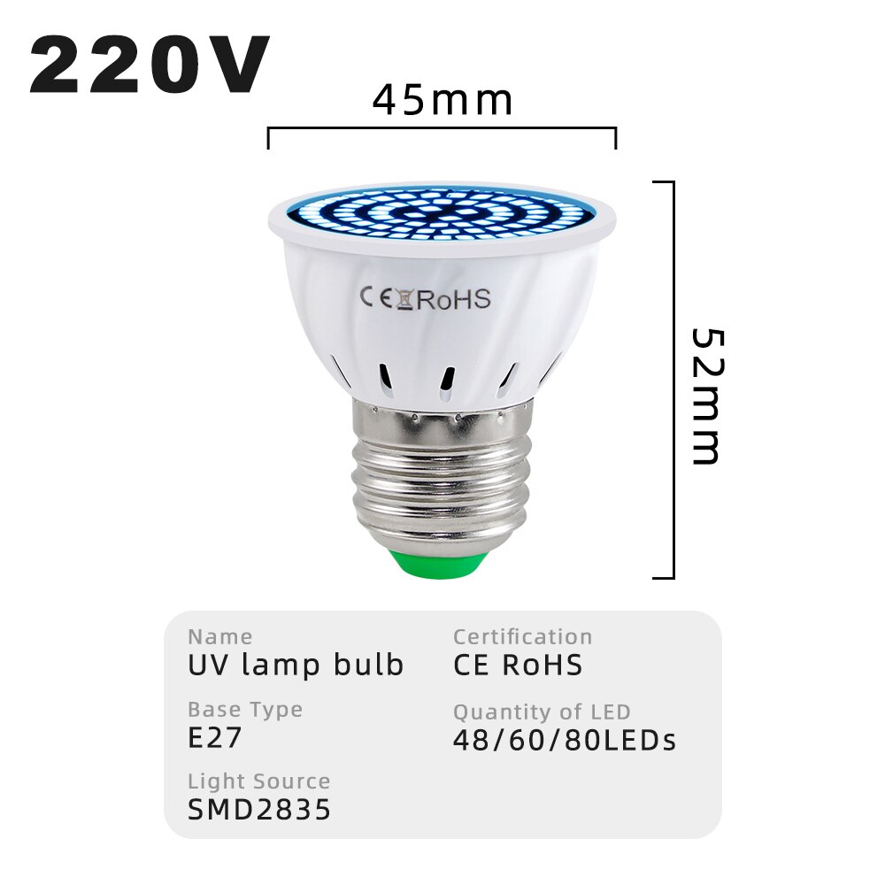 E27 2835 SMD LED UV-C Light Bulb – 250nm Germicidal Sterilizing Lamp For Disinfection – 10W, 220V