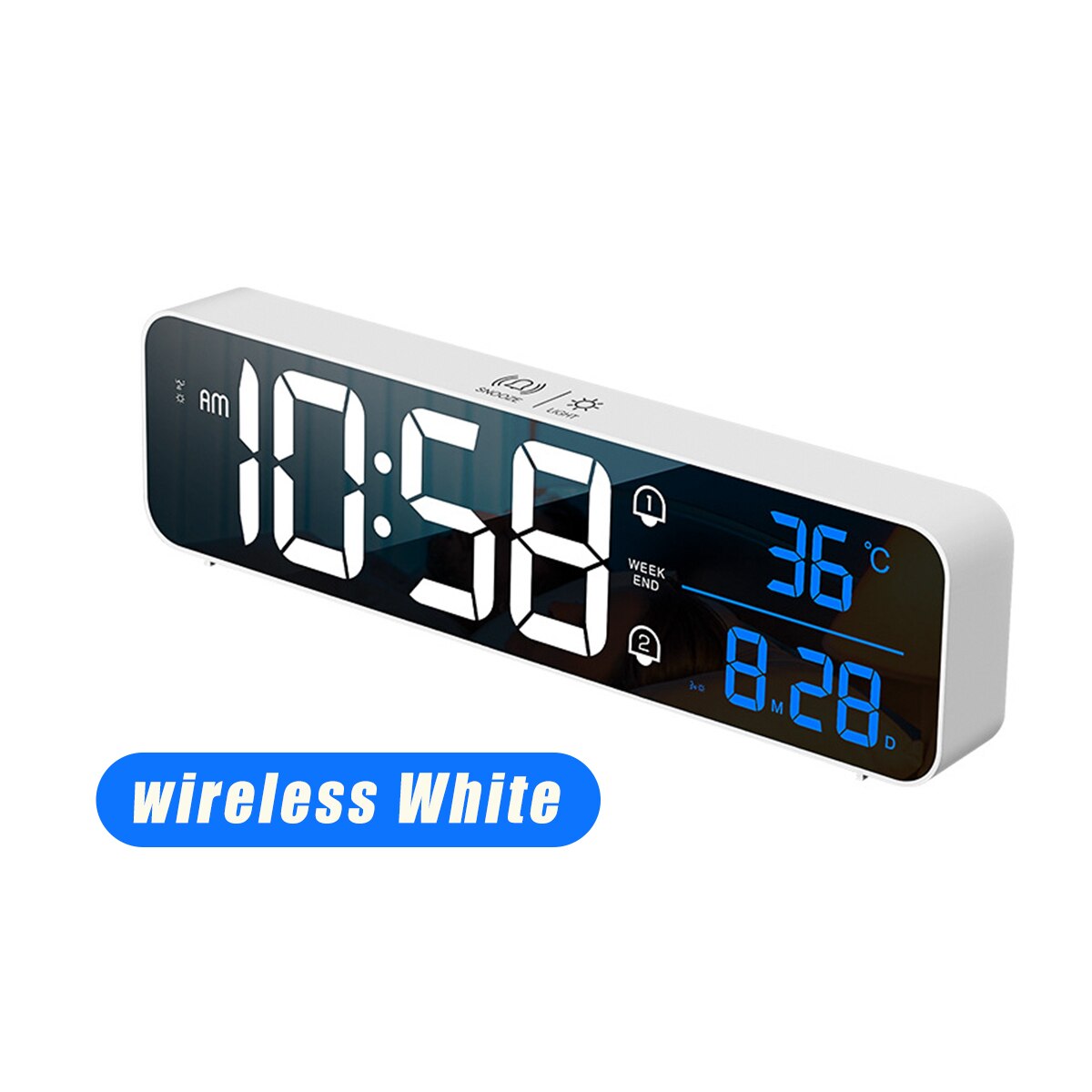 LED Digital Alarm Clocks With Snooze Digital Temp Time Music Dual Clock USB Charger Large Digit Display Brightness Dimmer Clocks: White Wireless