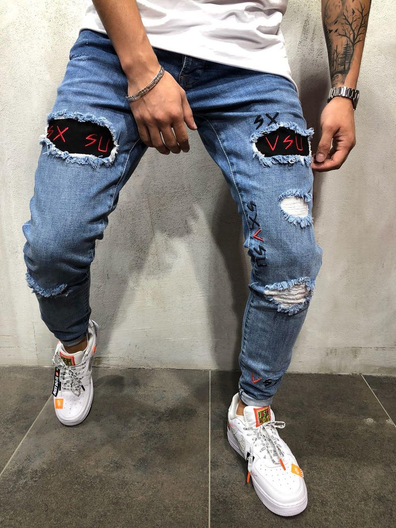 S-3XL Stilvolle modis jean homme Zerrissene Jeans Radfahrer Dünne Gerade Ausgefranste Denim Stickerei Dünne Jeans Männer Schlauch