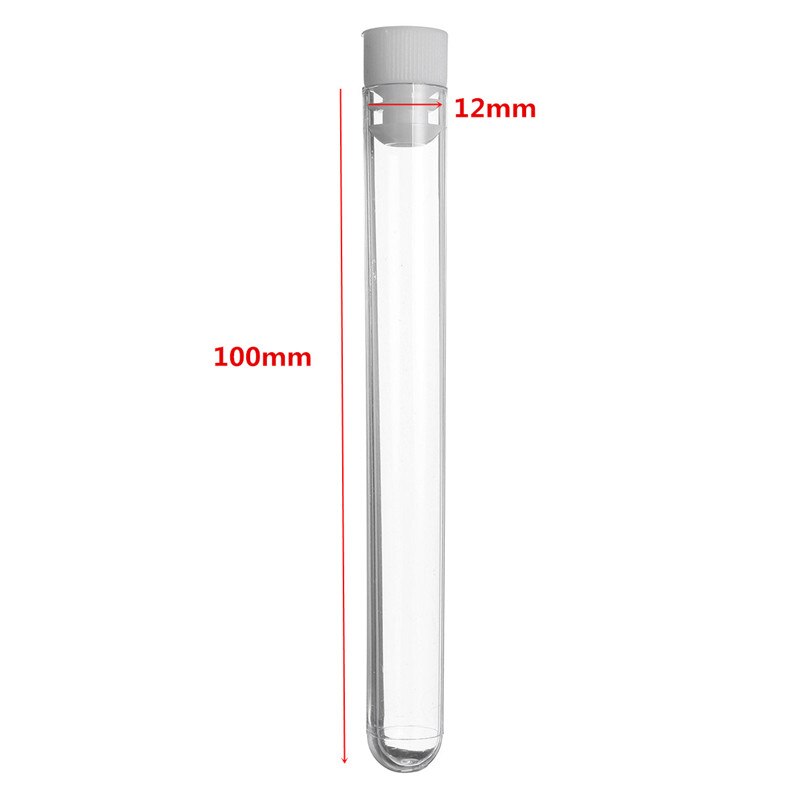 Tubo de ensayo de plástico transparente para laboratorio, viales de fondo redondo con tapa, suministros para experimentos de oficina, 12x200mm, 100 Uds.