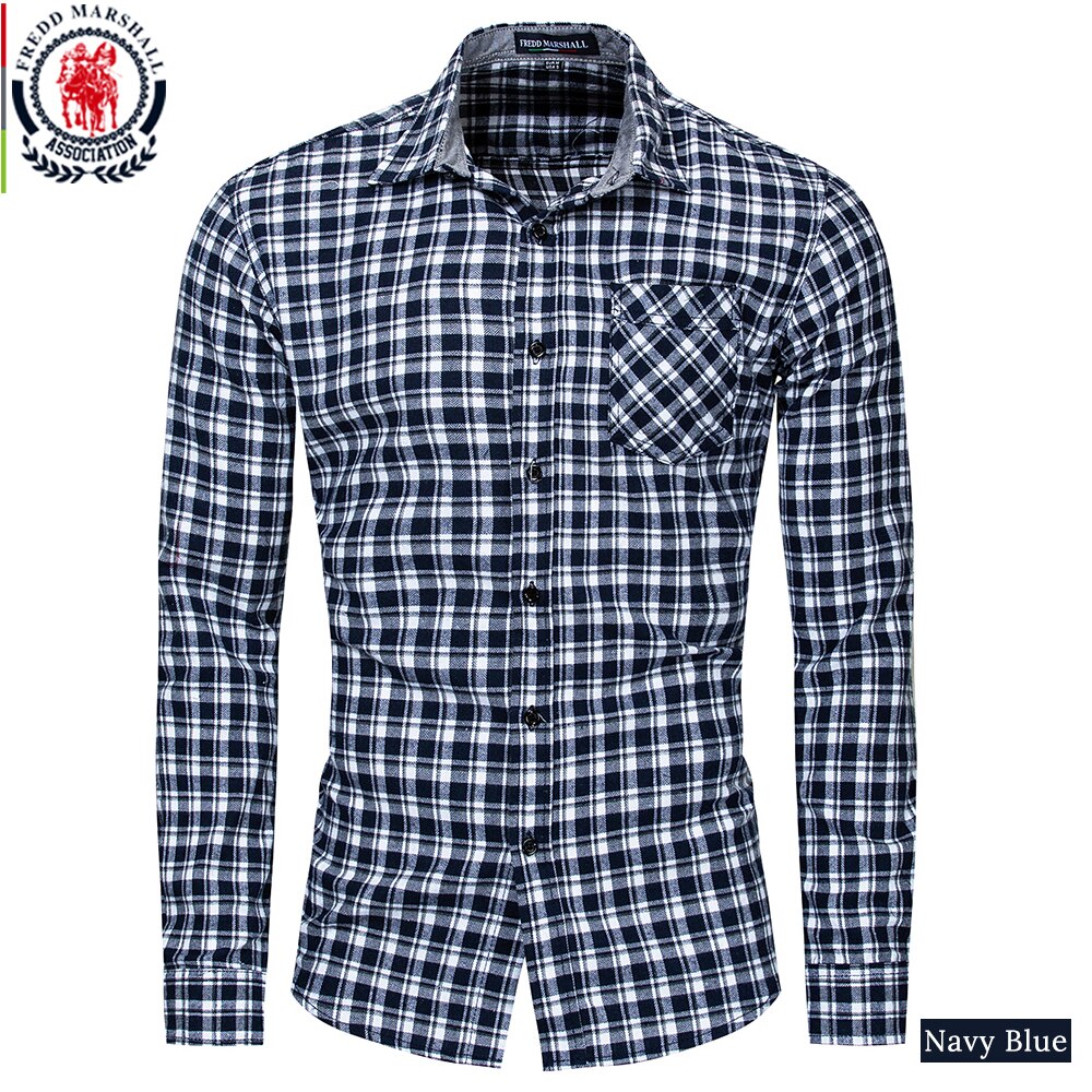 Fredd Marshall Autumn Long Sleeve Casual Plaid Shirt Men Cotton Button Down Regular Dress Shirts Male Brand Clothes 170: 170 Navy Blue / L
