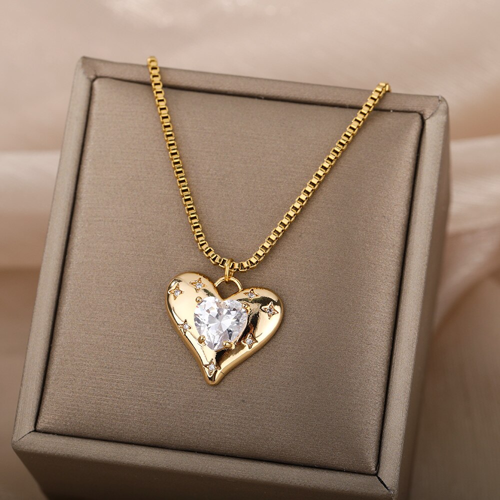 Crystal Heart Star Kettingen Voor Vrouwen Rvs Gouden Ketting Hart Hanger Ketting Choker Partij Sieraden Bijoux Femme