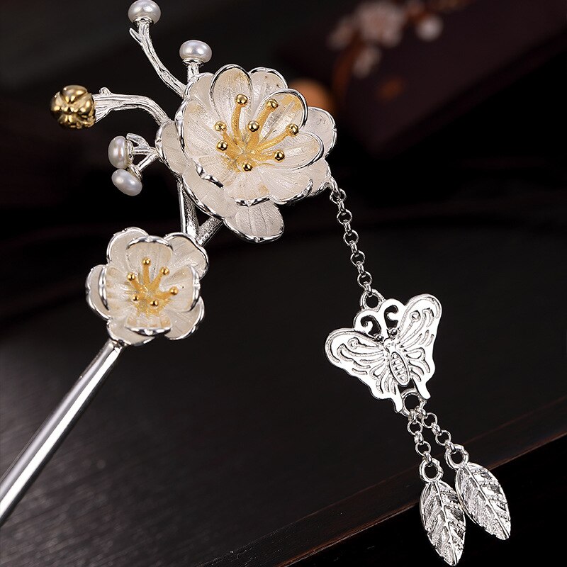 925 Sterling Silber Haar Stock für Frauen Pfingstrose Blume Haarnadel Haar Zubehör mit Schmetterling Anhänger Headwear Schmuck