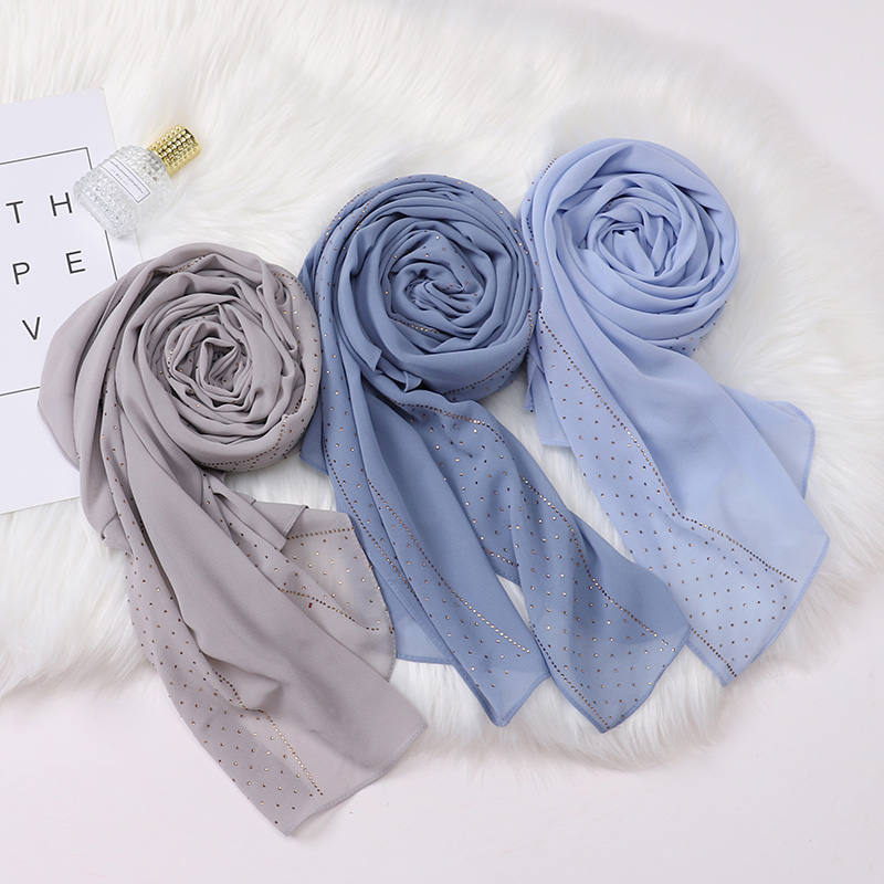 Écharpe en mousseline de soie avec perles pour femmes, Hijab avec perçage de cristal, châles, bandeau, écharpe, 19 couleurs au choix