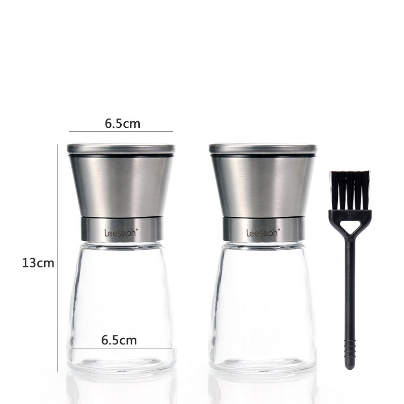 Premium salt- och pepparkvarn set  of 2,  justerbara och lättanvända , 304 toppar i rostfritt stål tjock glaskropp, köksredskap: 5 tum