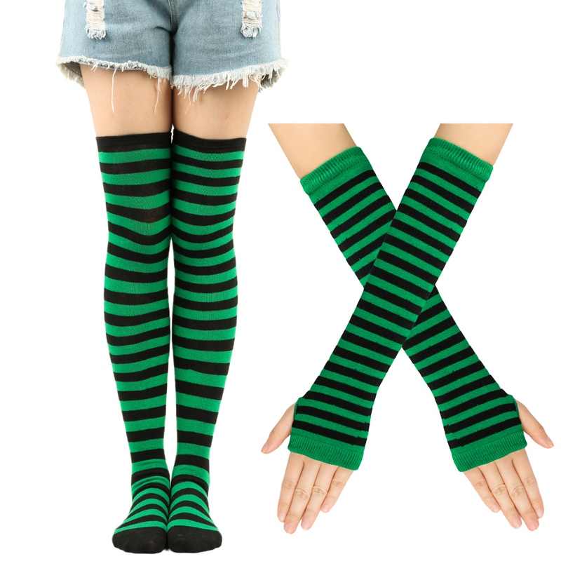 1 Set Women Gothic Punk Over Knee Long Stripe Socks Arm Sleeve Gloves for Girl Thigh High Cotton Socks Sweet Cute Christmas: light green