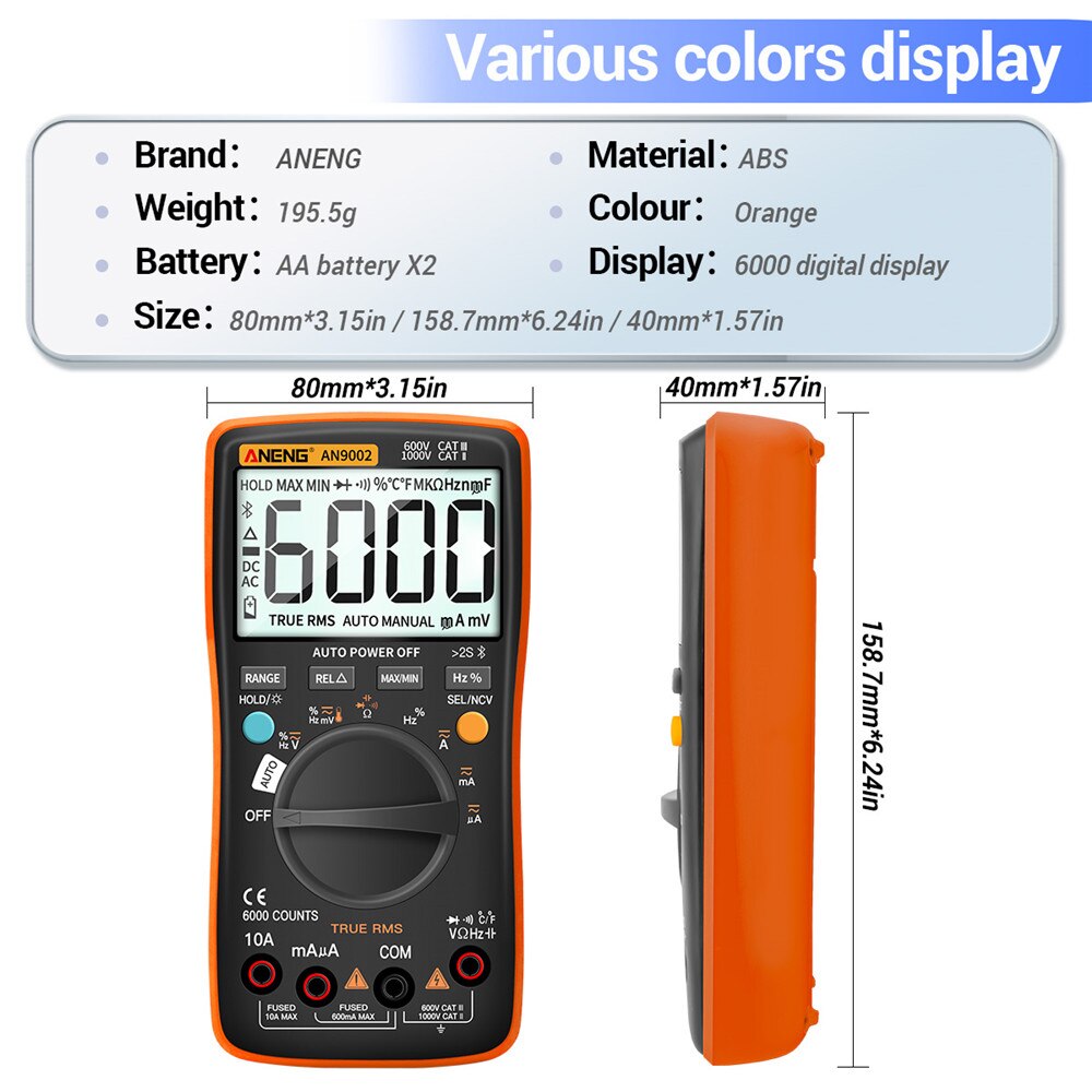 An9002 Bluetooth Digitale Multimeter Professionele 6000 Count Multimeter Ac / Dc Rms Multimeter Auto Range Stroom Spanning Tester