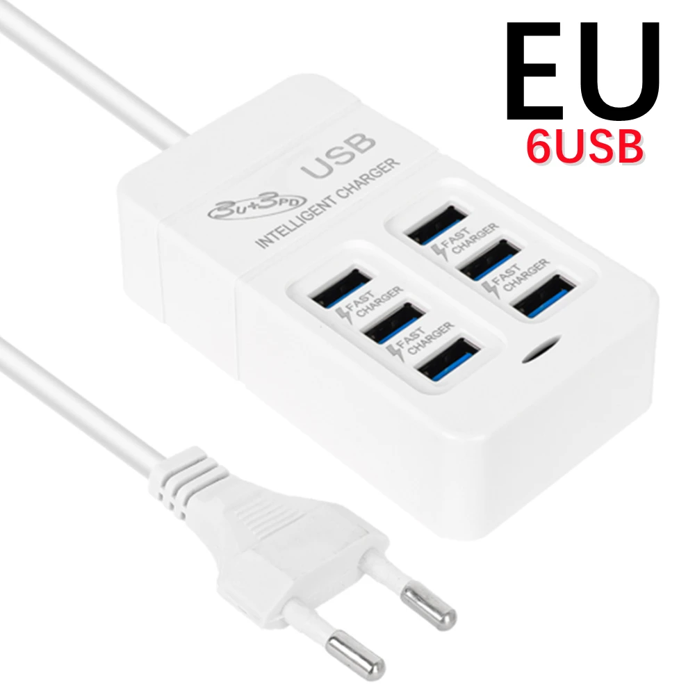 Cargador USB multipuerto de 6 puertos, 35W, PD tipo C, carga rápida para teléfono móvil, cargadores de pared tipo C, adaptador de concentrador tipo C, enchufe UE, EE. UU., Reino Unido: Rosa