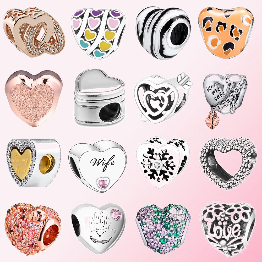 100% 925 Sterling Silver Classic Heart Shape 15 Charm Beaded Bracelet DIY Accessories Beaded