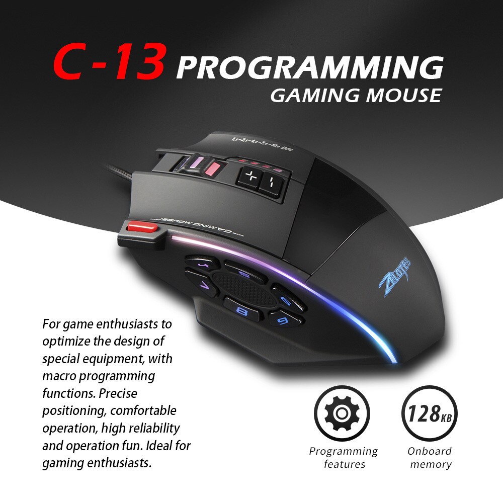 Zelotes C13 Gaming Mouse 10000 DPI 13 Programmable Buttons RGB LED Light Mice 5 DPI Options 13 Programmable Button Colorful