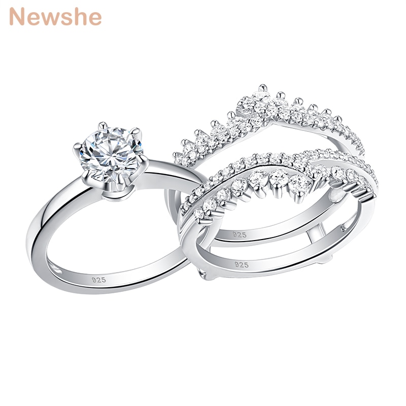 Newshe 2 Pcs 925 Sterling Silber Hochzeit Ringe Set Für Frauen Solitaire Engagement Ring Abnehmbare Schutz Band AAAAA Zirkon BR0910
