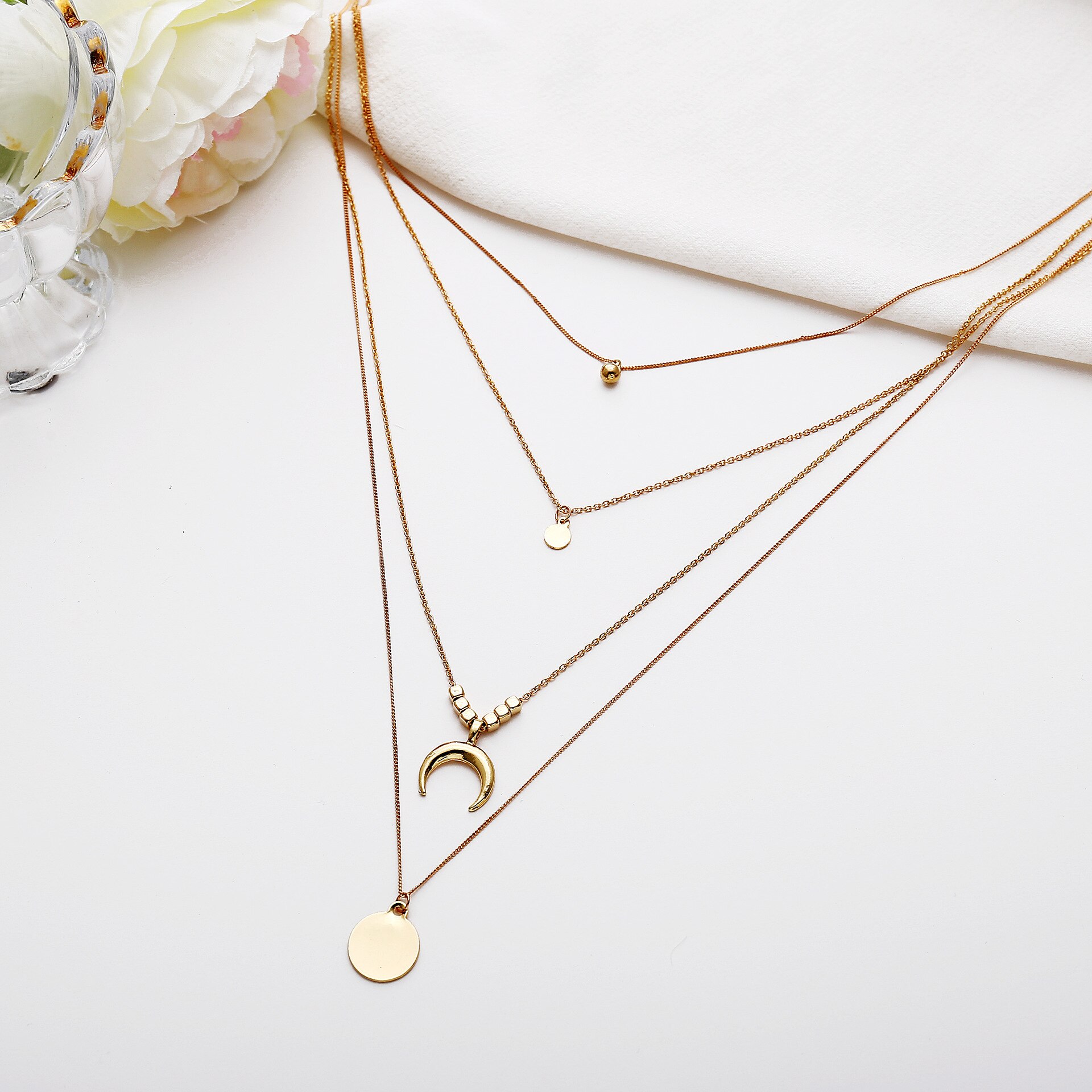 European and American Popular Alloy Clavicle Chain Retro Multi-Layer Moon Wafer Pendant Necklace