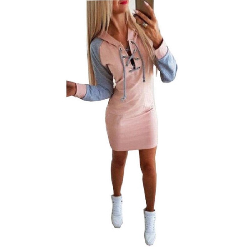 Herfst Sexy V-hals Jurk Vrouwen Bandjes Stiksels Jurk Lange Mouwen Hoodie Pakket Hippe Jurk: XL / Pink