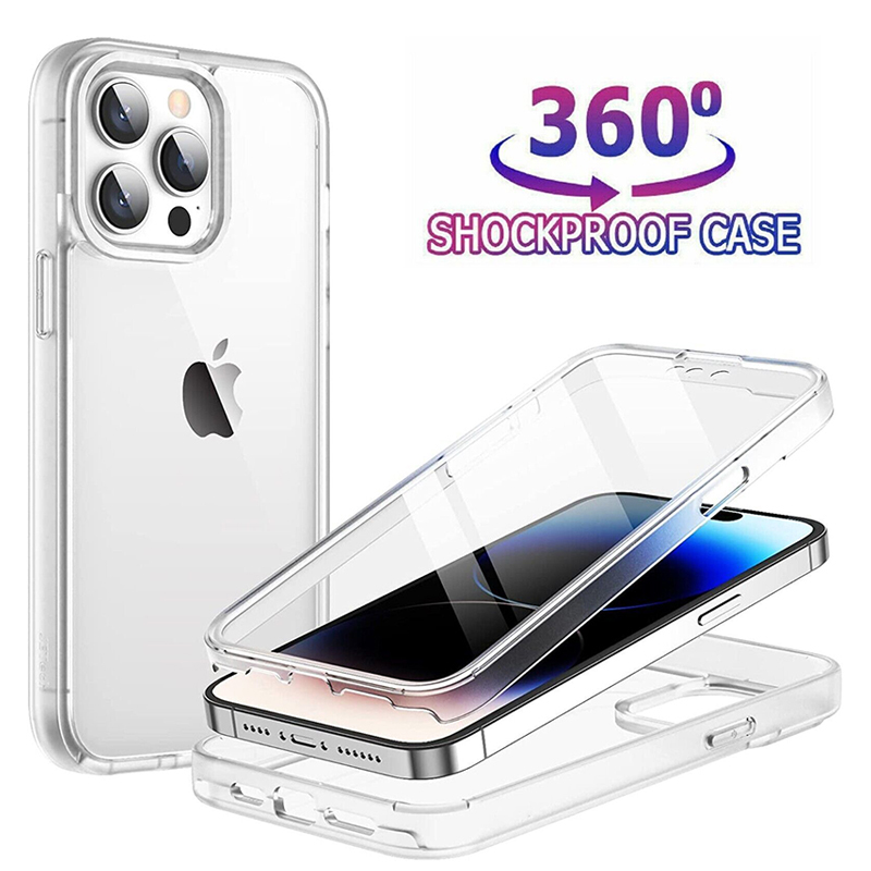 Coque de téléphone transparente avec film avant souple et coque de pare-chocs arrière en PC dur, protection complète à 360, iPhone 15 14 Plus 13 12 11 Pro XS Max X