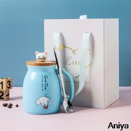 Cartoon Ceramics Cat Mug With Lid and Spoon Coffee Milk Tea Mugs Breakfast Cup Drinkware Heat-Resistant Mug Color: blue with box