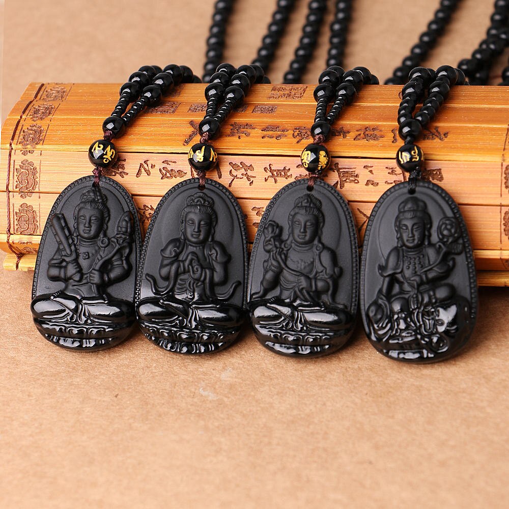 Unique naturel noir obsidienne sculpté bouddha chanceux amulette pendentif collier pour femmes hommes pull pendentifs bijoux