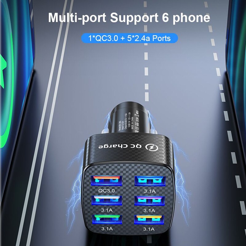 Neueste kfz-usb-ladebuchse mit 6 anschlüssen 75w qc 3.0 schnellladefunktion für xiaomi 12 pro, samsung, iphone 13 pro max 11 12