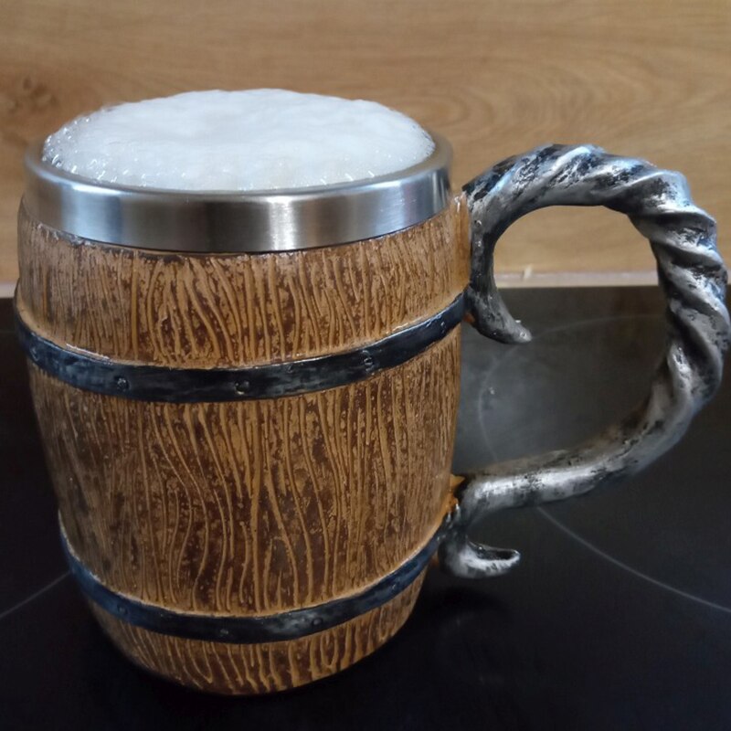 Simulatie Hout Vat Bier Cup Hout Stijl Bier Stein Eiken Hout Rvs Cup Double Wall Mok Metalen Beer mok 1Pc