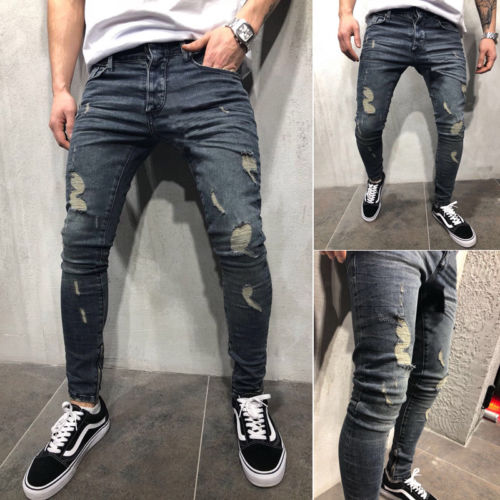 Jean déchiré pour homme pantalon en jean coupe ajustée extensible coupe étroite pantalon effet Moustache effiloché détruit Streetwear