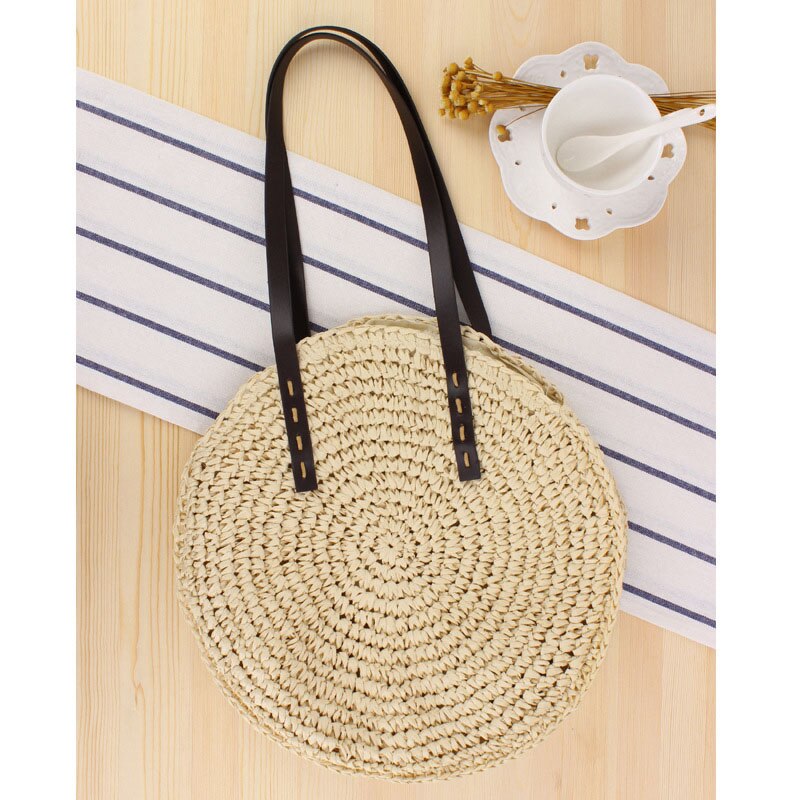 Handmade Round Women Handbag Knitted Straw Bag Bohemian Summer Beach Bags Female Shoulder Bag Hand Woven Circular Tote: Beige Handbag