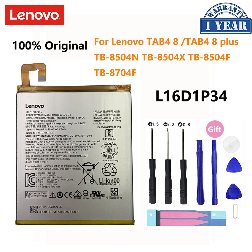 100% d&#39;origine 4850mAh L16D1P34 Batterie Pour Lenovo TAB4 8 TB-8504N TB-8504X TB-8504F TAB4 8 plus TB-8704F Batteries Bateria