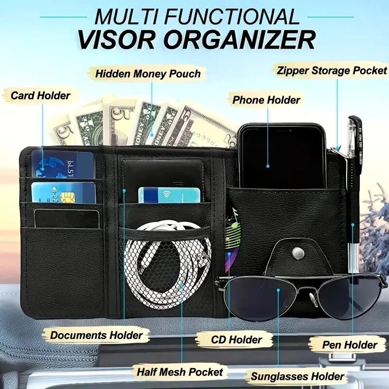 Organizador de viseira de sol para carro, suporte para celular, acessórios interiores de carro, bolso, armazenamento de cartão, suporte de montagem