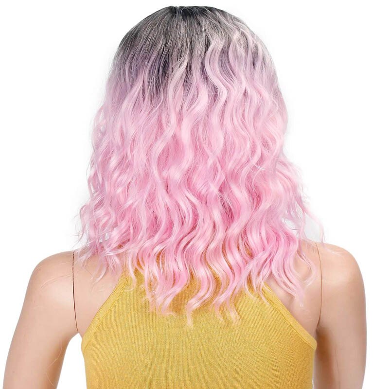 IK een pruik 14 "Korte Bob Water Wave Natuurlijke Losse Synthetische Pruik Kleur Natuurlijke Zwarte Hoge Temperatuur fiber pruiken voor Vrouwen: Roze