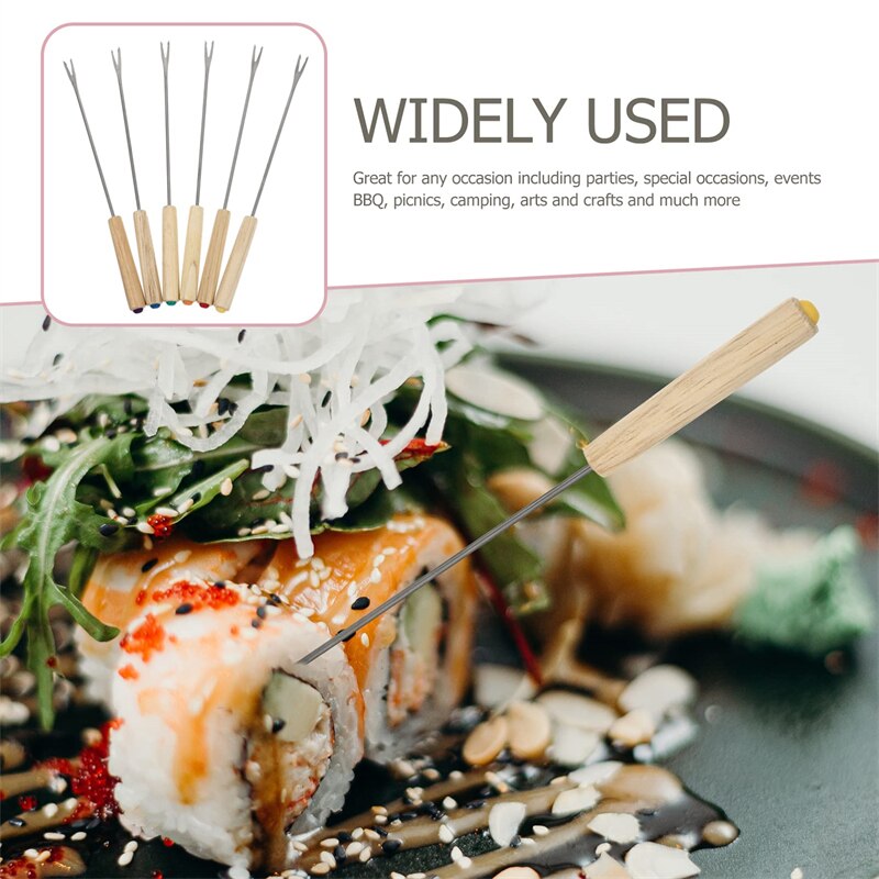 6Pcs Wood Handle Chocolate Fork Stainless Steel Cheese Fondue Forks Fork Heat Resistant Pot Fruit Dessert Fork Kitchen Tools