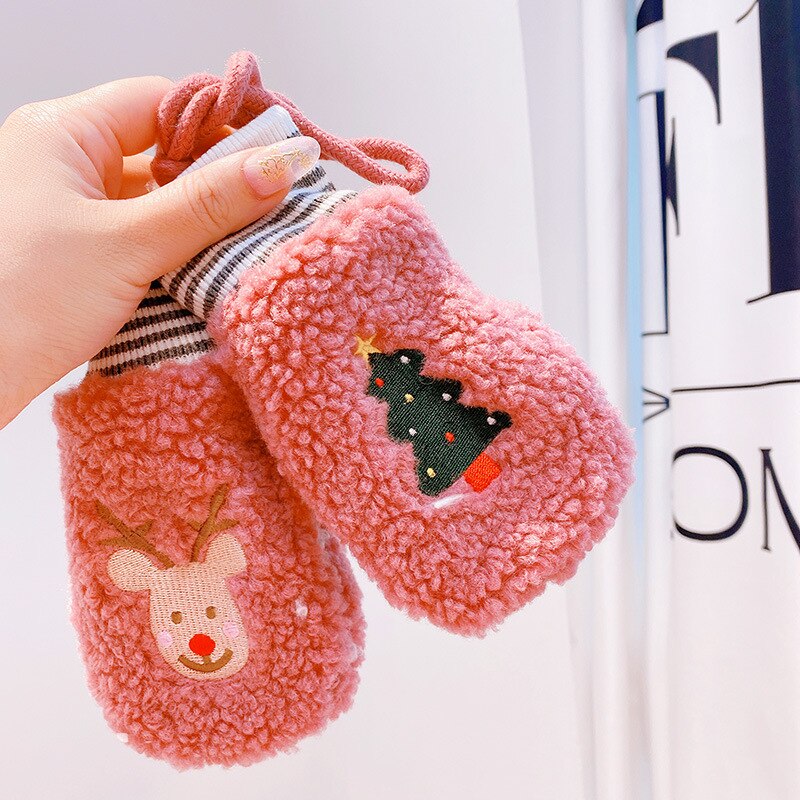 Zagęścić dzieci rękawiczki z wełny owczej zimowe utrzymać ciepłe dzieci kreskówki pluszowe futrzane pełne mitenki miękkie rękawiczki dla 4-8 lat: głęboki różowy