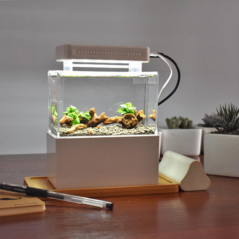 Mini Plastic Fish Tank Portable Desktop Aquaponic Aquarium Betta Fish Bowl with Water Filtration LED & Quiet Air Pump for Decor