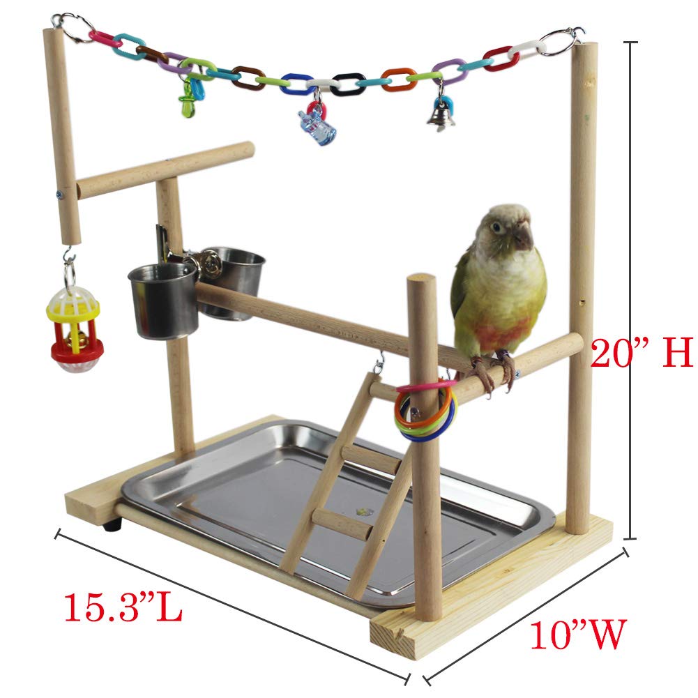 Bird Playground Play Gym Wooden Parrot Perch with Chewing Climbing Chain Toys Ladders Bowl Removable Tray-Exercise Training