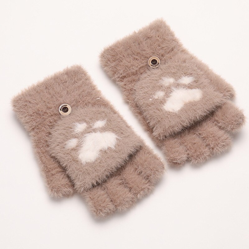 Winter Warme Zachte Konijnenbont Knit Mittens Vrouwen Flip Half Vinger Pluche Dikke Leuke Cartoon Kat Klauw Touchscreen Rijden handschoenen I1: A Brown