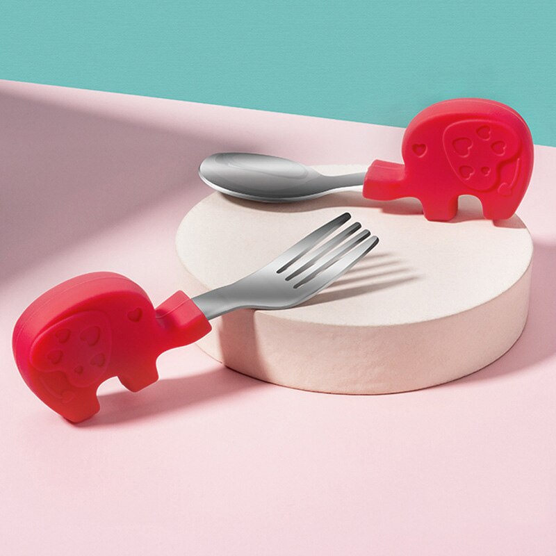 2 pz/impostato da tavola per bambini cartone animato a forma di animale cucchiaio per bambini e forchetta impostato in acciaio inox alimentazione gadget per bambini formazione: rosso elefante