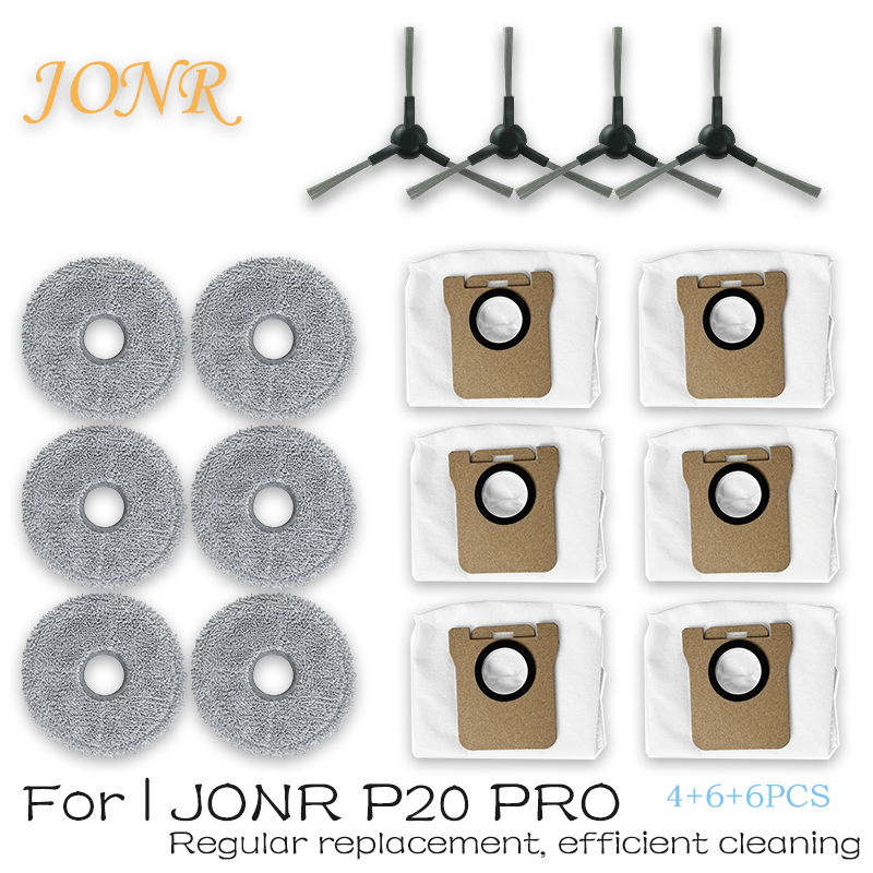 Tilbehør til jonr  p20 pro støvsugerrobot, sidebørste, moppeklud, støvpose, effektiv mikrofiber, reservedele til rengøring: Lysegul