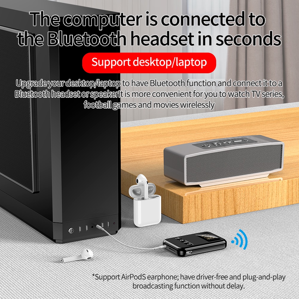 Bluetooth 5.0 Receiver Transmitter LED Digital Display Adapter 3.5MM AUX MP3 TF HIFI A2DP For AirPods PC TV Car Home Speaker