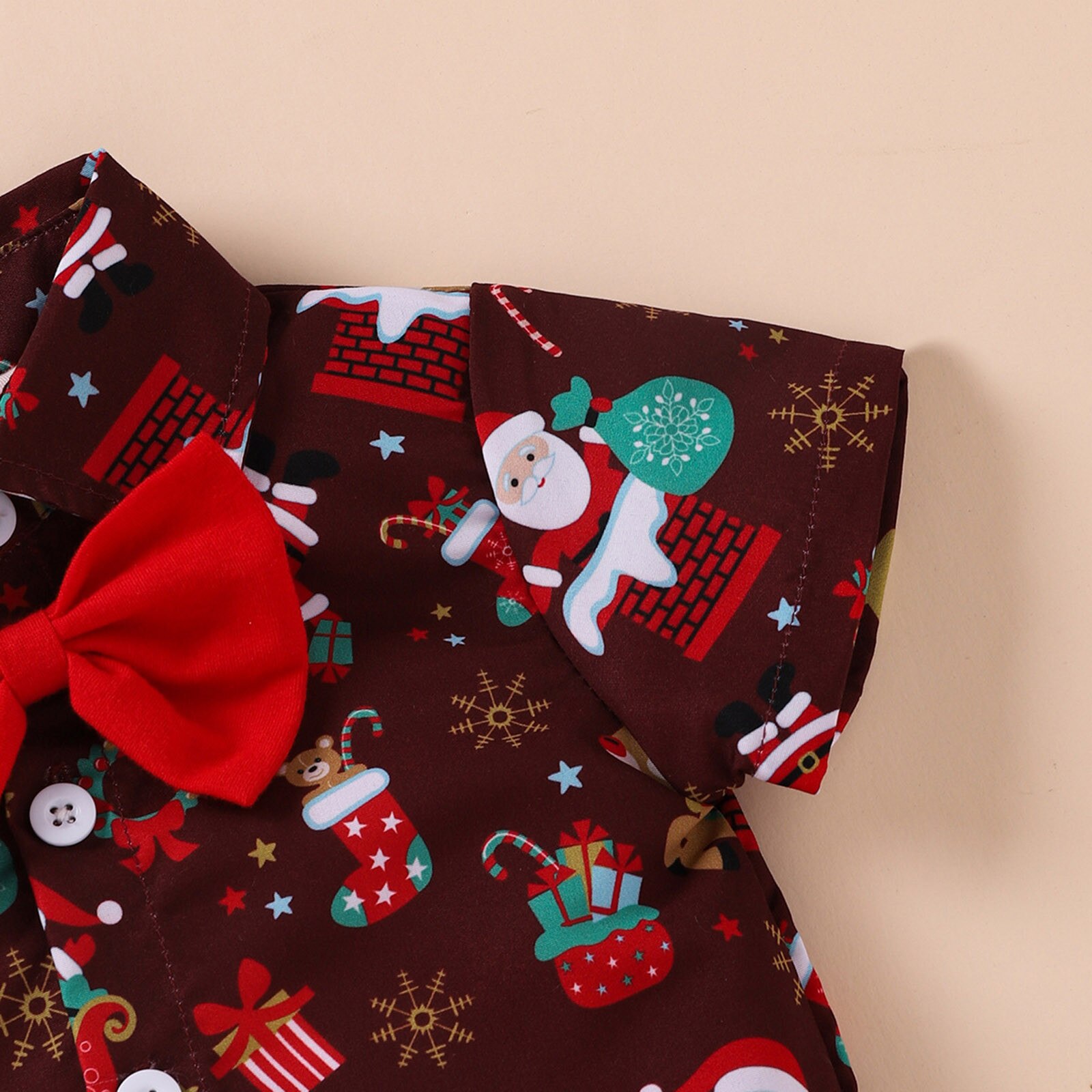 Christmas Baby Boys Bodysuits Santa Print Short Sleeve Bow Tie Gentleman Party Jumpsuits 0-24M