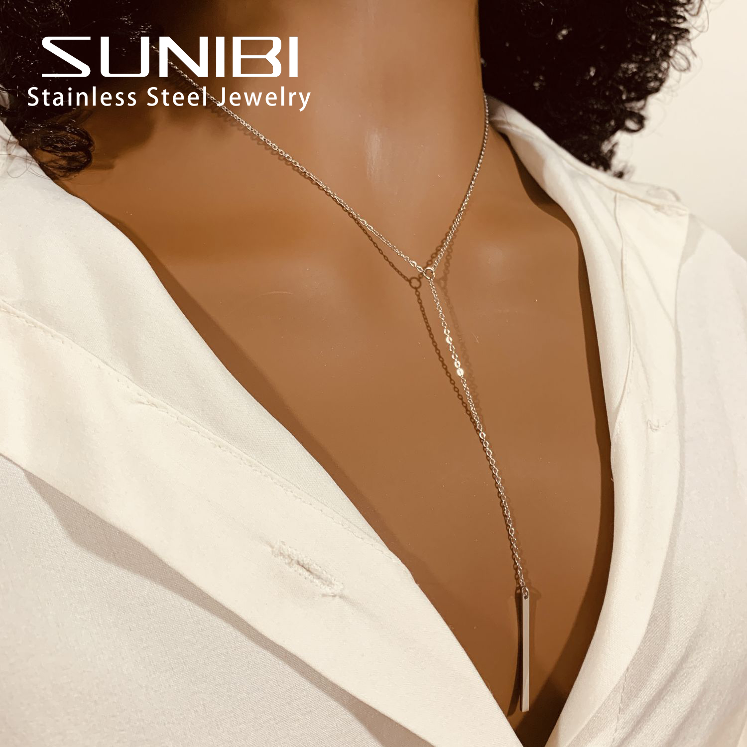 SUNIBI-collares con colgante de barra Vertical para mujer, cadena Lariat larga Simple de acero inoxidable, collar colgante minimalista, de joyería