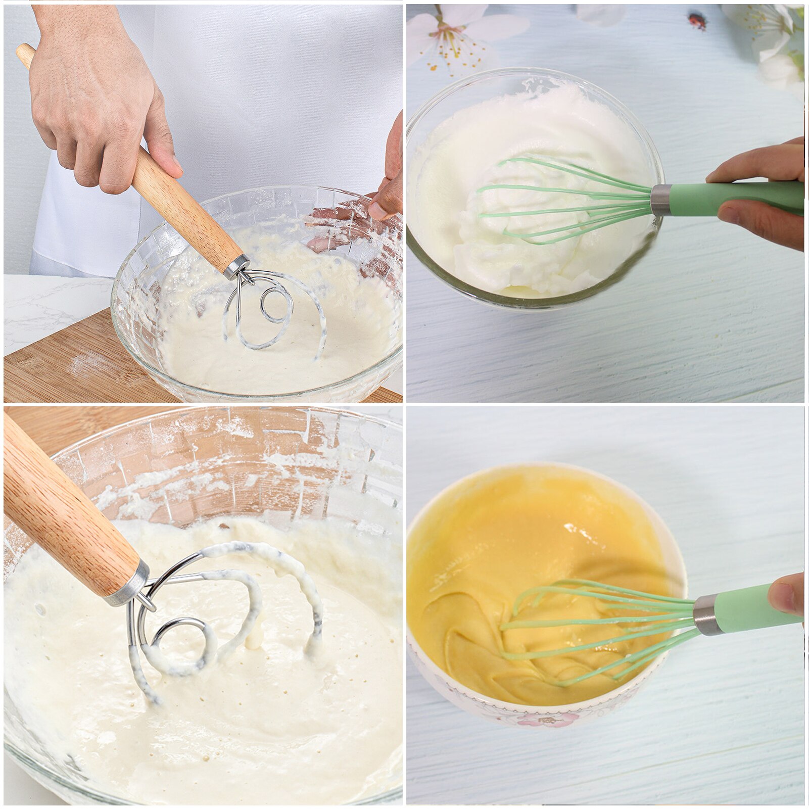 DIY Bread Making Tools Set Danish Dough Whisk+ Egg Beater Flour Coil Agitator Whisk Stick Oak Wood Handle Blender