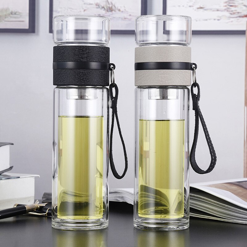 500ml glasvattenflaskor för att dricka te med infusionsanordning dubbelvägg flaska för vattenkort bärbar utomhus  st195