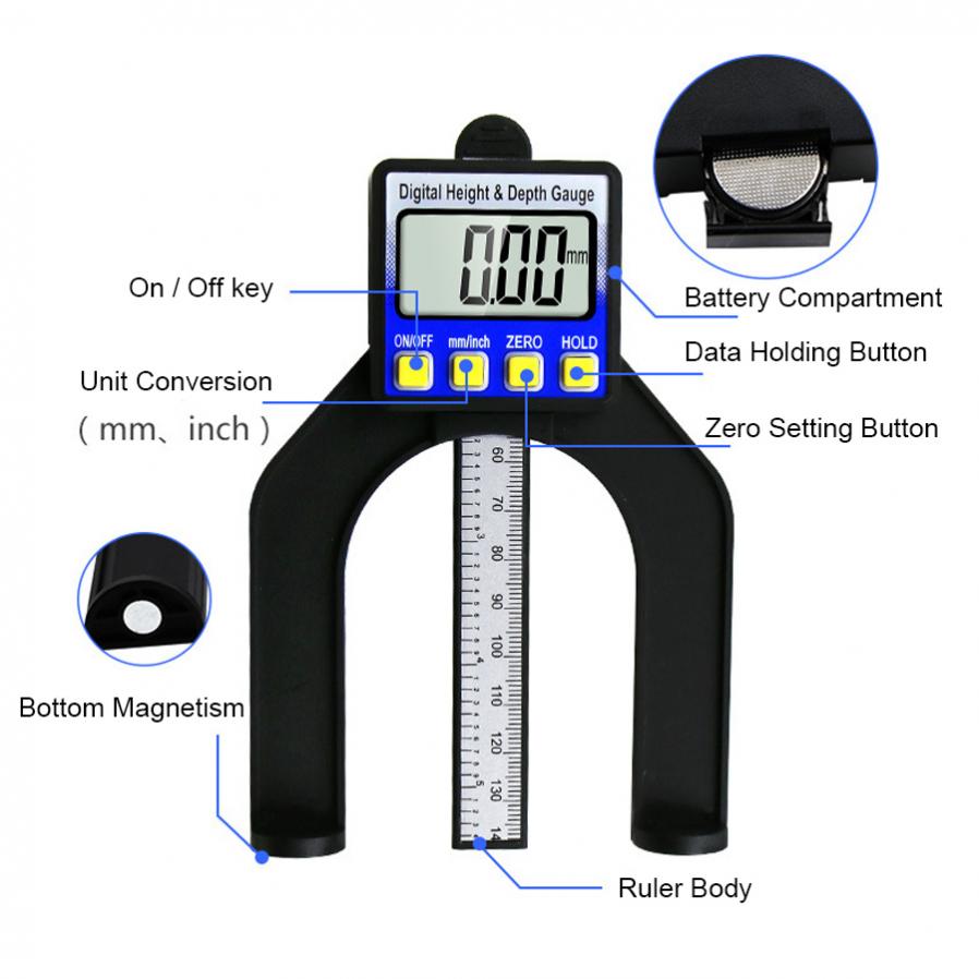 Medidor Digital de profundidad de 0-80mm, calibrador de espesor LCD, medidores de altura con pies magnéticos para herramientas de medición de carpintería
