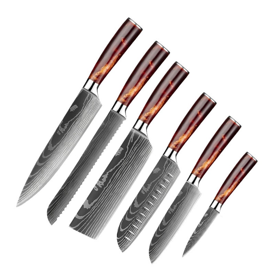Kitchen Knives Set Chef Knives High Carbon Damask Stainless Steel Forged Meat Cleaver Knife Cooking Set: Value Pack 5